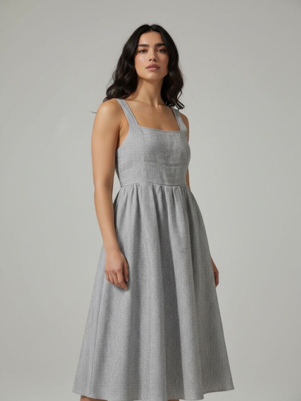 Quince 100% European Linen Midi Sundress L Striped Square Neck Coastal Grandma